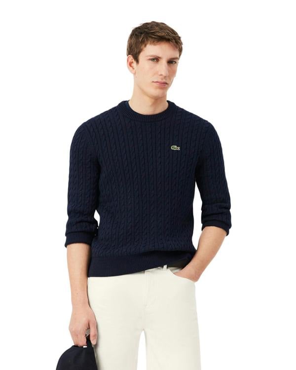 Lacoste Cable Knit Mens Cotton Jumper - Navy Blue/Green 802