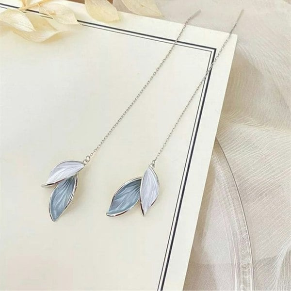 The Colourful Aura Elegant Grey White Long Leaf Drop Tassel Chain Marble Texture Earrings