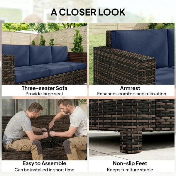 3-Seater Weather Resistant Outdoor Garden Rattan Sofa Dark Blue