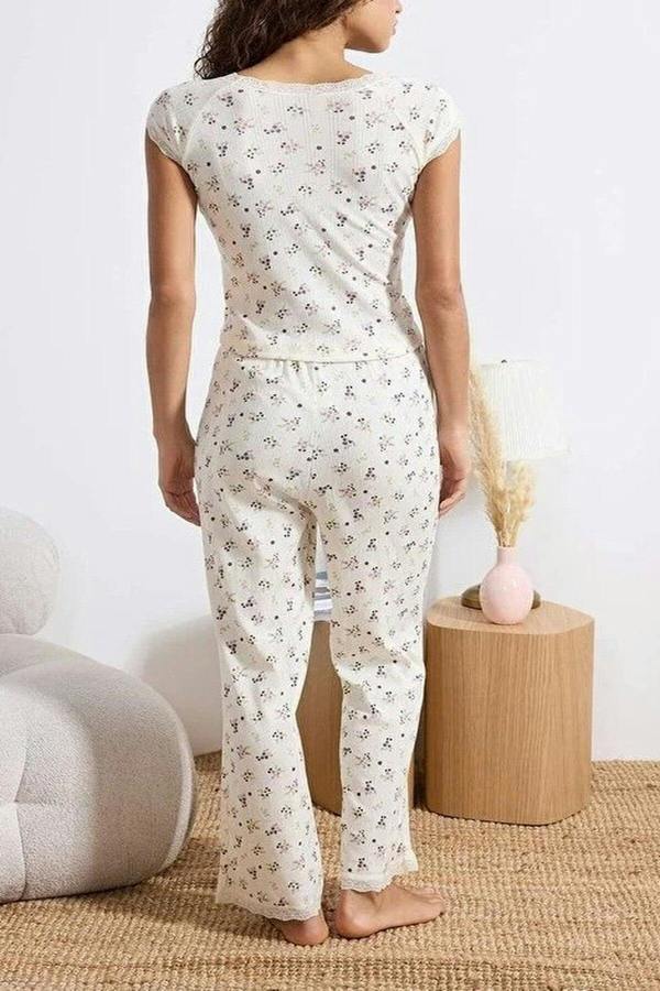 WOVCOR 2-Piece 100% Cotton Floral Lace Detail Ribbed Knit Pajama Set