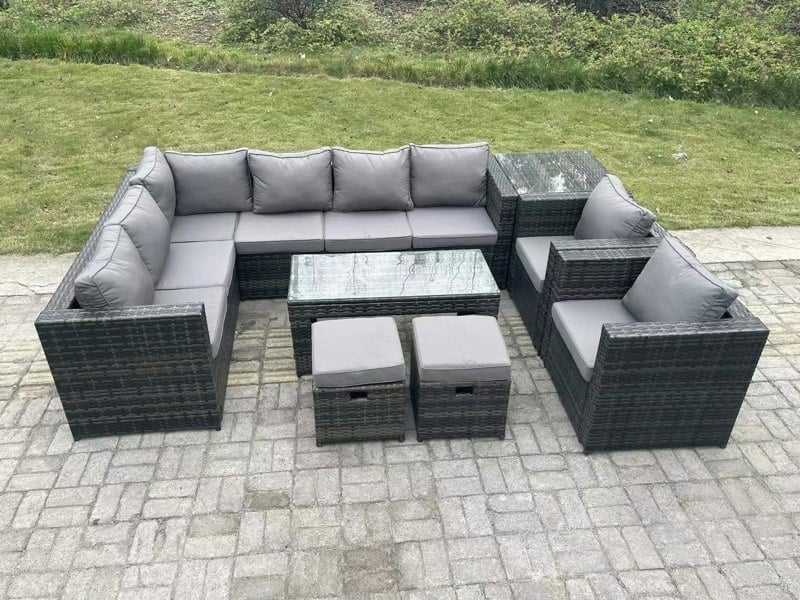 Fimous 10 Seater Rattan Corner Sofa Lounge Sofa Set With Rectangular Coffee Table Side Table 2 Arm Chair and 2 Stools Dark Grey Mixed