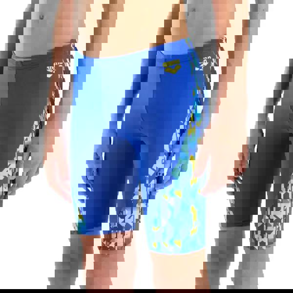 Arena Boys Print Swim Jammer in neon blue with geometric pattern