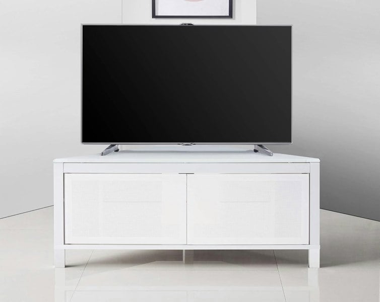 MDA Designs VOLANS White Tru-Corner Remote Friendly Doors White/Black Reversible Panel LCD/Plasma/LED TV up to 42" Corner TV Cabinet