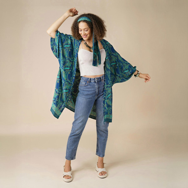 Antonia York Anastasia Silky Paisley Open Batwing Sleeve Jacket - Jade & Blue