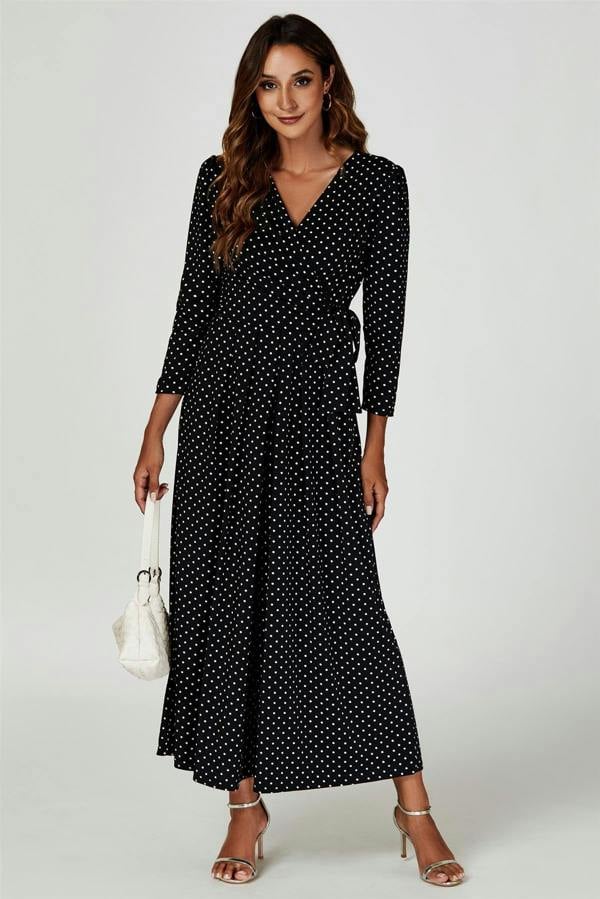 FS Collection Dot Print Wrap Top Jersey Jumpsuit In Black