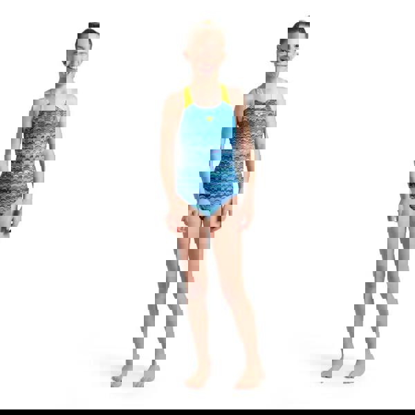 Arena Girls Ondulation Pro Back swimsuit in navy green with blue green pattern