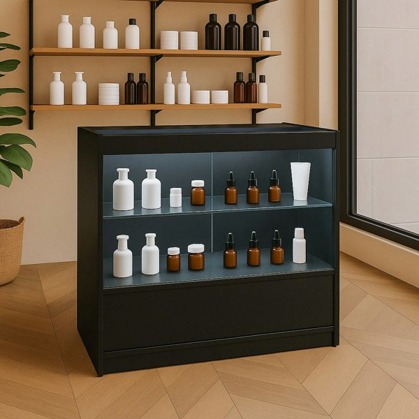 Black LED retail shop counter C900 with glass shelves displaying various bottles, set against a modern interior with wooden flooring