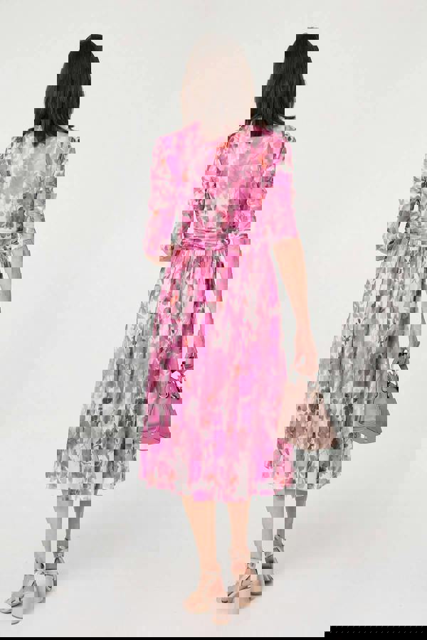 Pink | Printed Mesh Layer Pleat Wrap Midi Dress