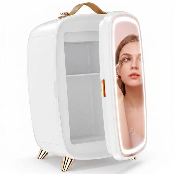 Skincare Refrigerator, 6L Mini Cosmetic Fridge with LED Mirror, Cooling Function for Bedroom, Skincare, Office, White
