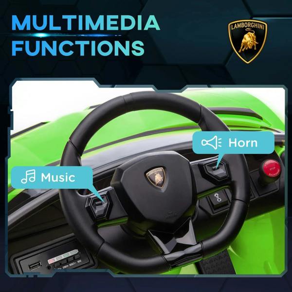 Lamborghini Aventador 12V kids electric car in bright green, dashboard controls with horn