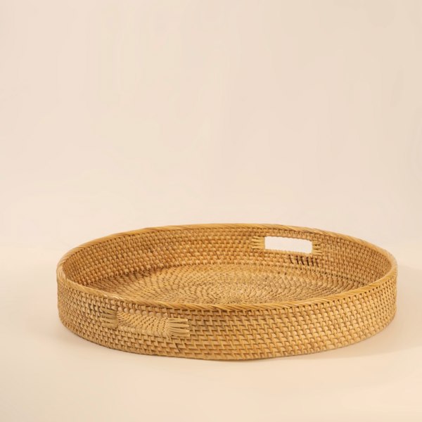 Coastal villa Homeware Large Round Wicker Tray with Handles