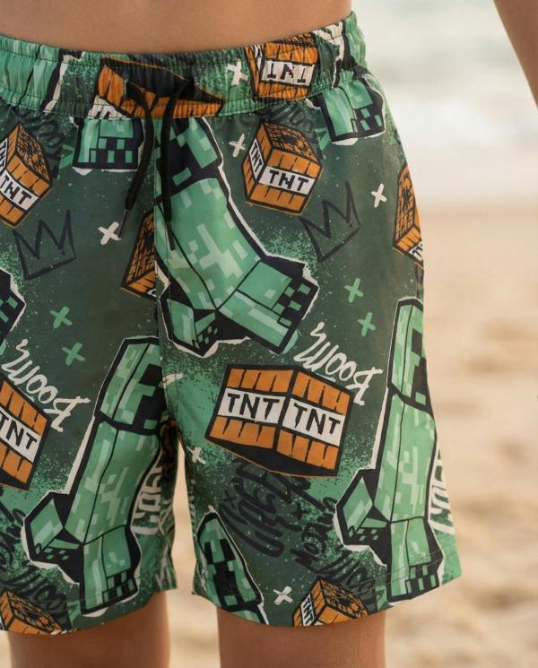 Vanilla Underground Minecraft Boys Green Grafitti All Over Print Swim Shorts