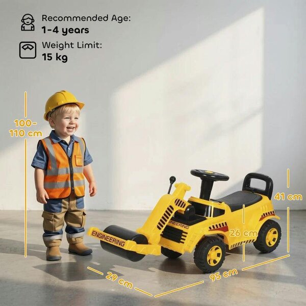 Ride On Tractor, Kids Bulldozer Pull Cart with Horn, Storage, Front Roller, Ride-On Car for Ages 1-4 Years, Yellow