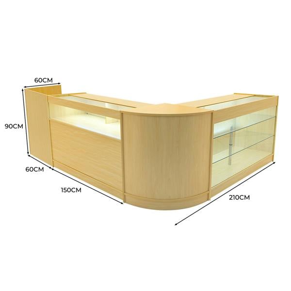 Polaris LED Shop Counter Set in maple finish, featuring curved design, glass display shelves, and integrated LED lighting