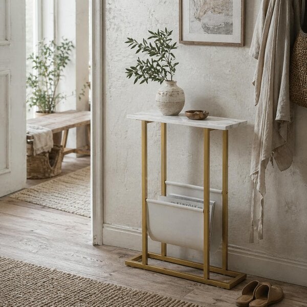 Wyld Haus Vanozi Wooden White Marble Grain Slim Side Table With Magazine Holder For Small Spaces