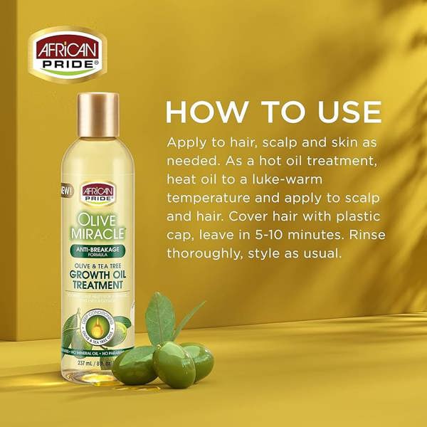 African Pride Olive Miracle Growth Oil is rich in extra virgin olive oil for the ultimate in silky smooth, deep conditioned hair and a moisture-rich, healthy scalp.