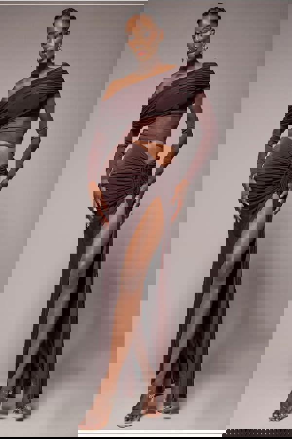 Super Split Front Drawstring Maxi Skirt - Brown SK60