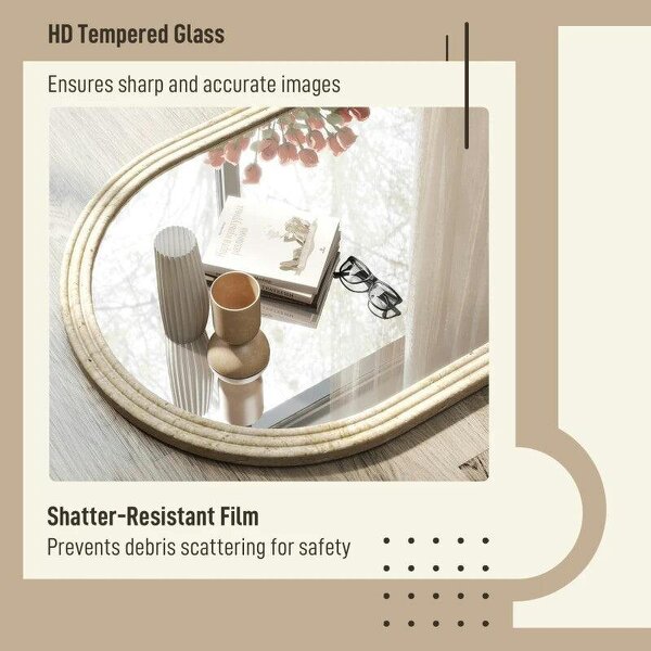 Arched Wall Mirror with Grooved Edge & Hooks, Wall-Mounted Mirror, Modern Tempered Glass & Polystyrene Beige