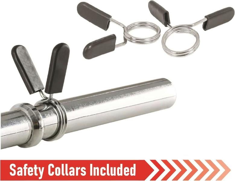 1.2m EZ Barbell Bar in shiny chrome finish with included spring safety collars, designed for secure weightlifting and strength training
