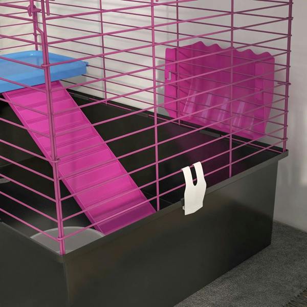 Angled view of small animal cage with purple wire frame, blue ramp, and magenta hide