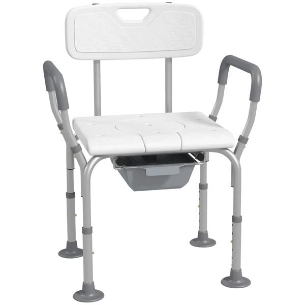 White shower stool with arms and backrest, padded seat with detachable commode bucket