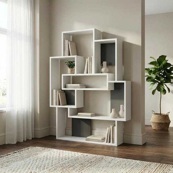 Decortie Barce Modern Freestanding Bookcase Storage Unit White Anthracite Grey 132cm