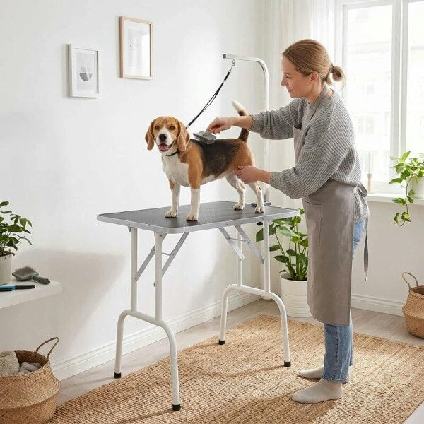 32" Foldable Dog Grooming Table Pet Drying Beauty Table Adjustable Fixed Arm Rubber Top, Black
