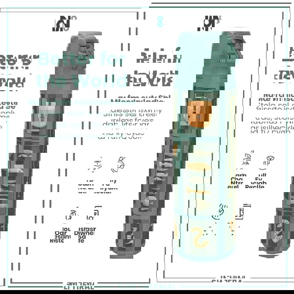 A teal, insulated steel water bottle, featuring fishing-themed graphics, sits against a white background. It's advertised as durable, recyclable, and dishwasher safe. The bottle is carbon neutral and odor resistant.