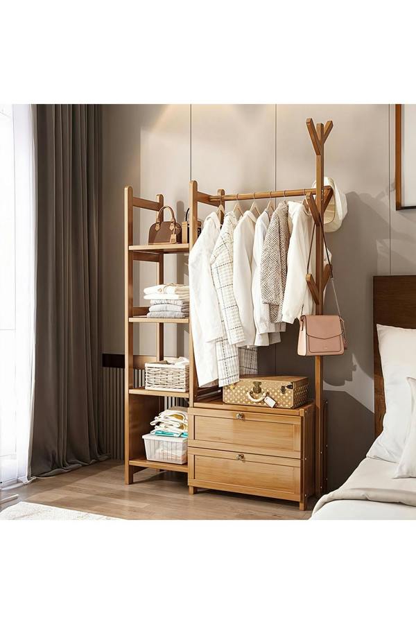 Living and Home Freestanding Bamboo Clothes Rack Garment Rack with Storage Shelves Coat Hanger Hanging Rod