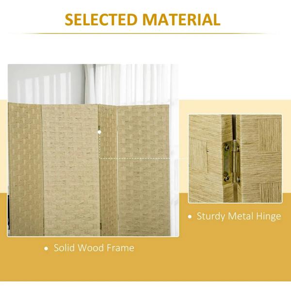 Brown room divider with woven panels and metal hinge detail on the folding frame
