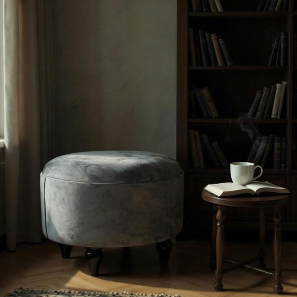GREY VELVET OVAL FOOTSTOOL