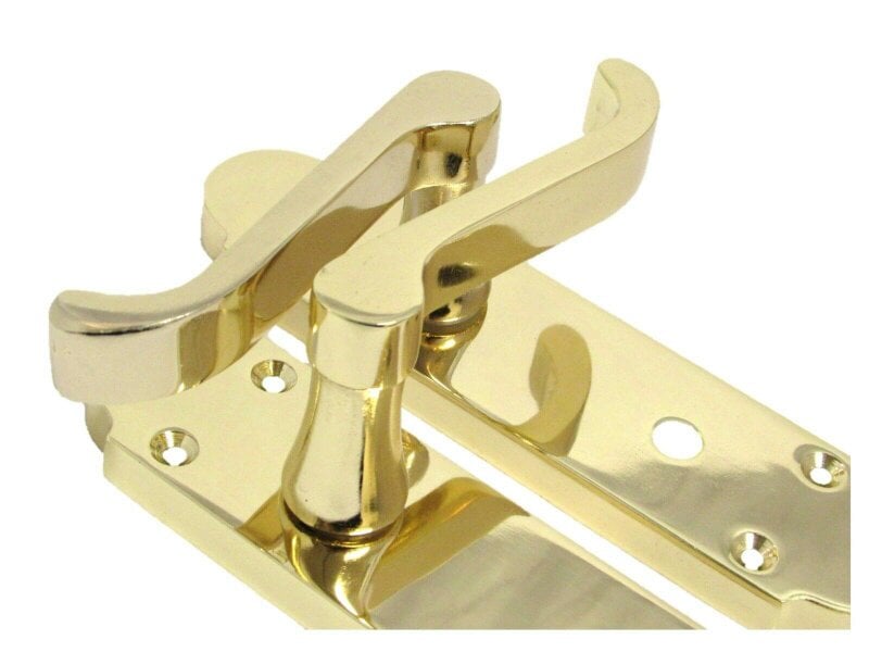 EDH Door Hardware Brass Finish Epsom Victorian Scroll on Shaped Back Plate Lock Door Handle