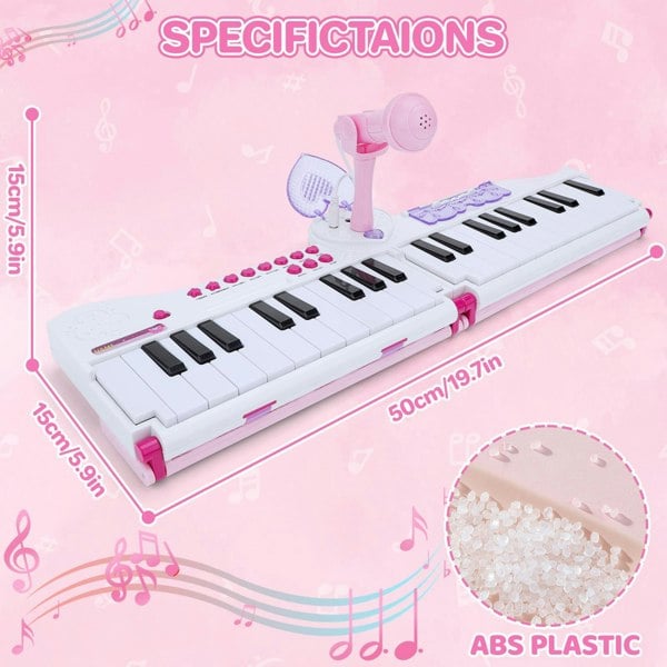 deAO Toys Pink Kids Musical Keyboard Toy with Microphone 40-Key Foldable Piano with Music Lights