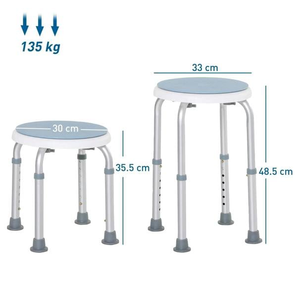 Light blue round shower stool with height-adjustable legs shown from multiple angles.