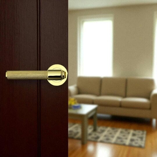 EDH Door Hardware Knurled Door Handles Brass Polished Loop & Neck Lever on Round Rose Latch Handle