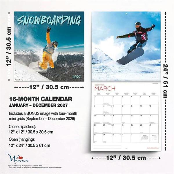 Snowboarding Calendar 2027, Wall Calendars, Month To View, Sports, Gift