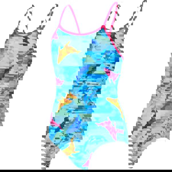 Zoggs Girls Dolphine Sprintback swimsuit in blue with pink geometric dolphin print