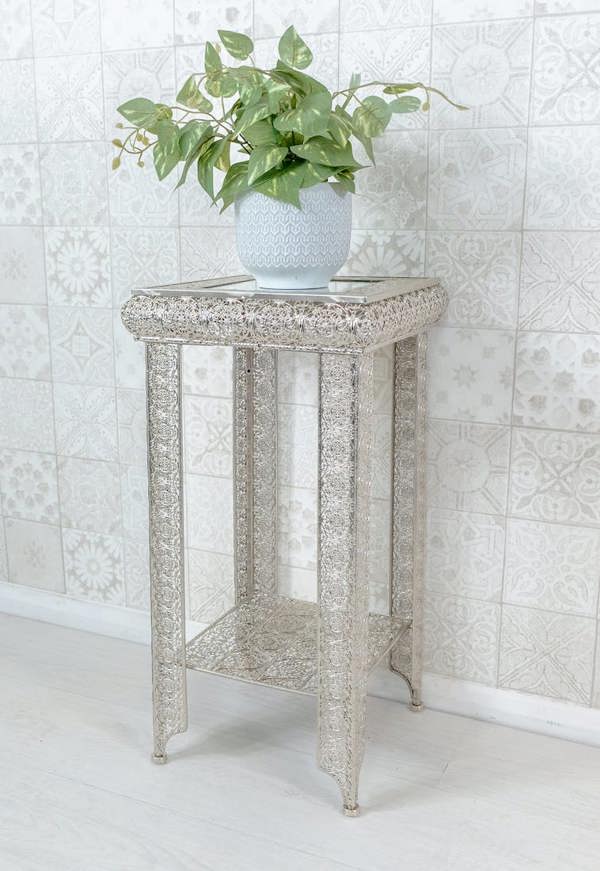 Silver Embossed Metal Mirrored Glass Side Table with Shelf - Agadir Range