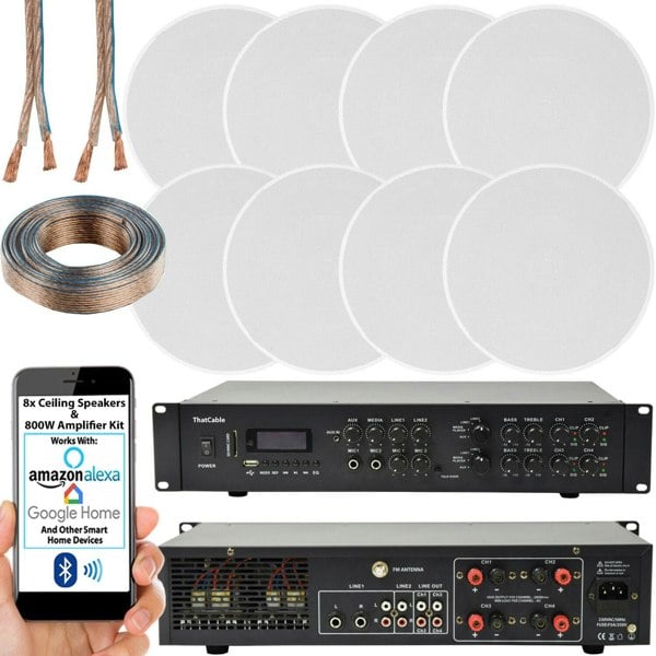 800W Bluetooth Sound System 8x 100W Slim Ceiling Speaker 4 Zone Matrix Amplifier