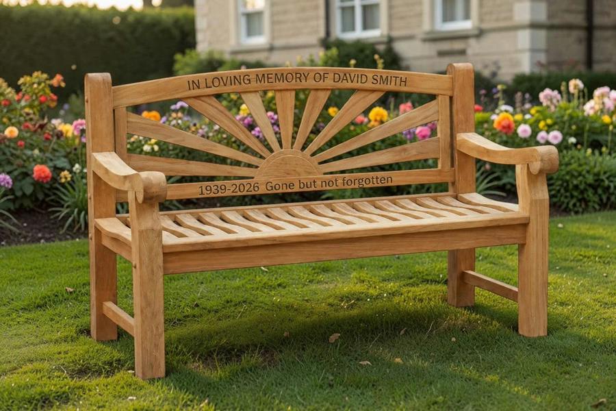 Memorials Direct Premium Chunky Teak Sunrise Memorial Bench, Add Your Personal Engraving