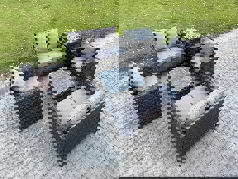 Fimous Rattan Garden Furniture Set 6 Seater Patio Outdoor Lounge Sofa Set with Square Coffee Table Double Seat Sofa Side Table Dark Grey Mixed