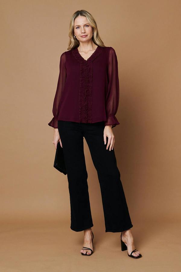 Purple | Semi Sheer Balloon Sleeve Frilled Blouse