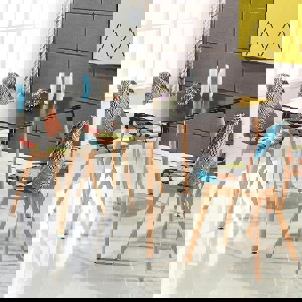 Life Interiors Set of 2 Patchwork Multi Colors Fabric Dining Chairs with Wooden Legs, Mid-Century Modern Accent Chair