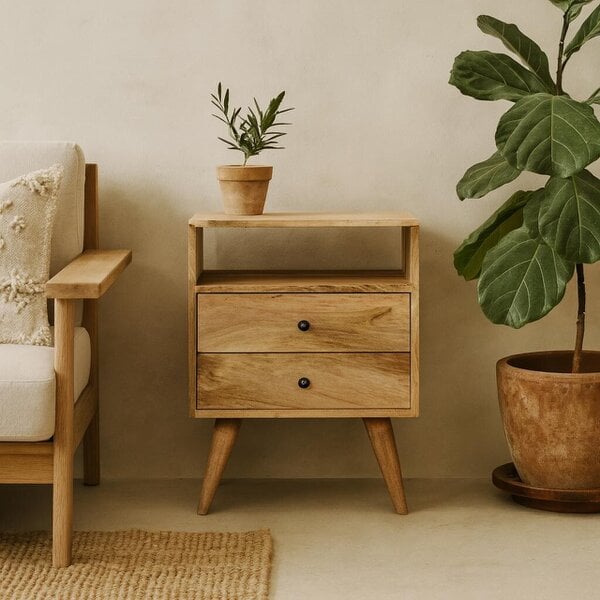 Wyld Haus Megeve Classic Natural Oak Mango Wood Bedside Table 2 Drawers Open Shelf