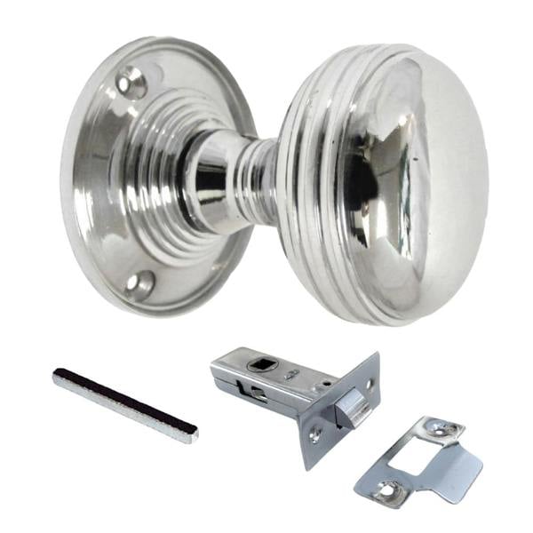 EDH Door Hardware Polished Chrome Reeded Door Knobs + Latch Set Sprung Handles 1 Pair