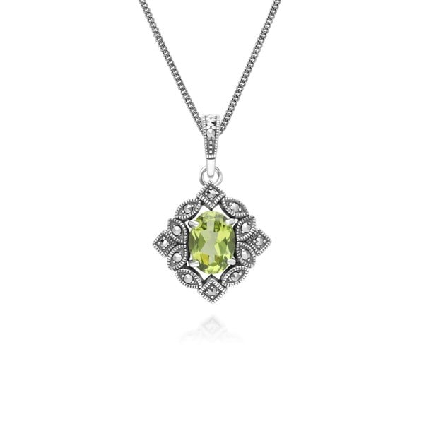 Gemondo Art Deco Style Oval Peridot & Marcasite Pendant Necklace in Sterling Silver