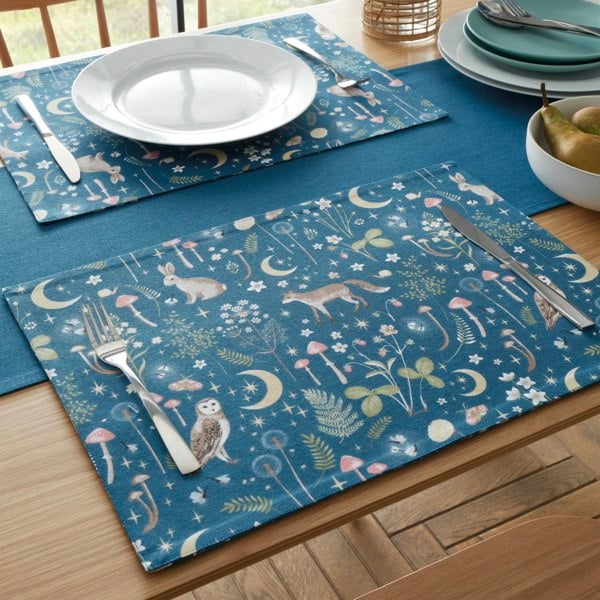 Catherine Lansfield Enchanted Twilight Animals Cotton Dining Placemat 4 Pack Navy Blue