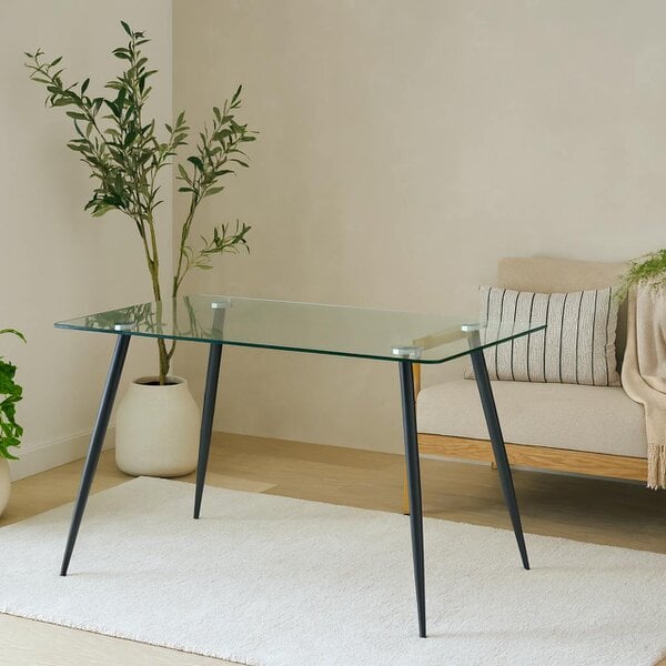 Wyld Haus Venice 6 Seater Rectangular Tempered Glass Dining Table  Black Steel Legs