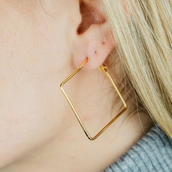 The Colourful Aura Black Small Thin Dainty Bar Threader Large Square Geometric Hoop Earrings - Gold