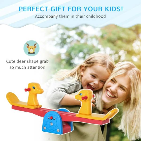 Two-seat seesaw with yellow animal-shaped seats and red rocker board